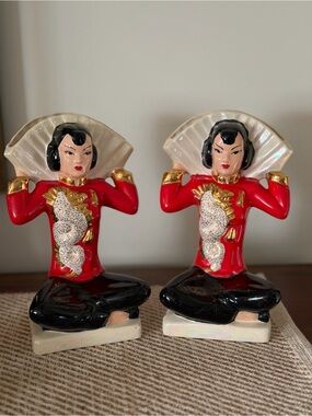 Vintage Mid-Century Asian Figural Vase 
Planter Pair Dragon Motif